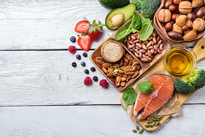 Healthy foods on rustic table